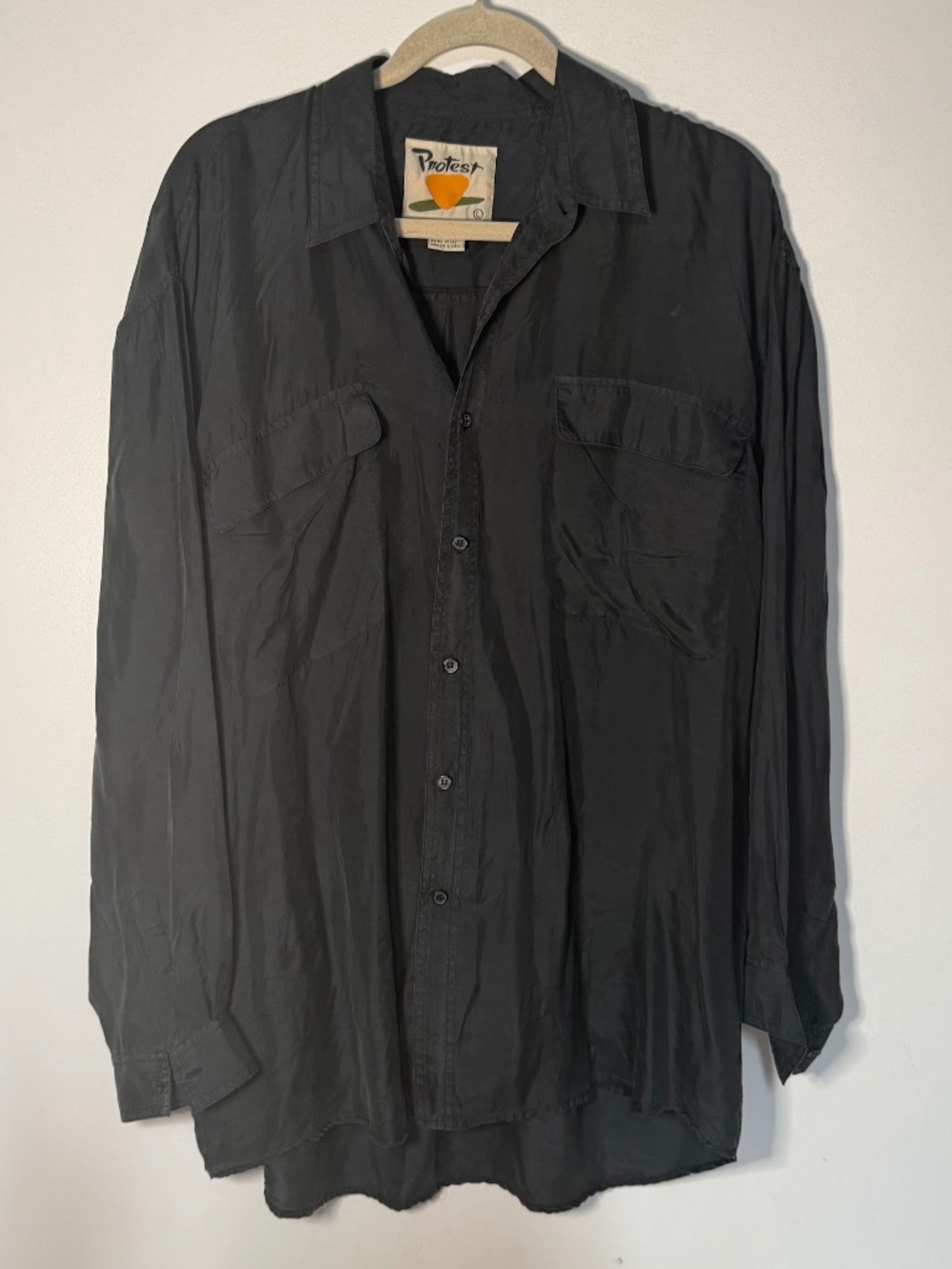 Vintage 100% SILK Protest Black Long Sleeve Button Up Shirt Coastal Luxury